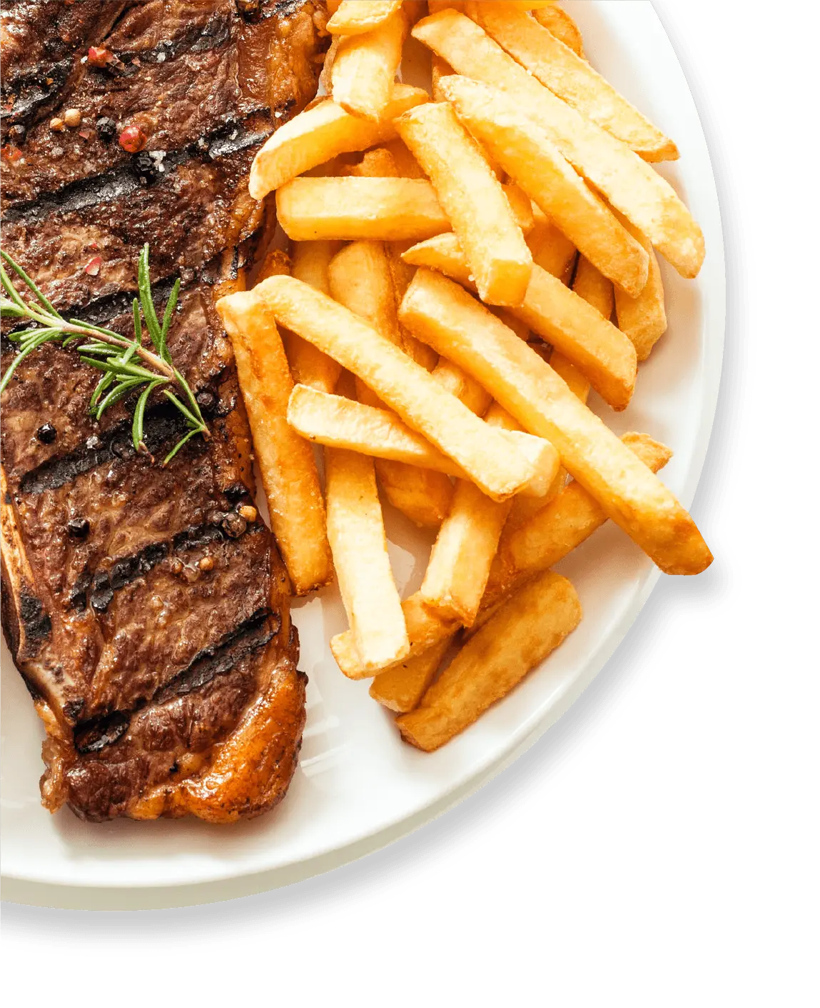 White Plate with a Serving of Grilled Steak and French Fries